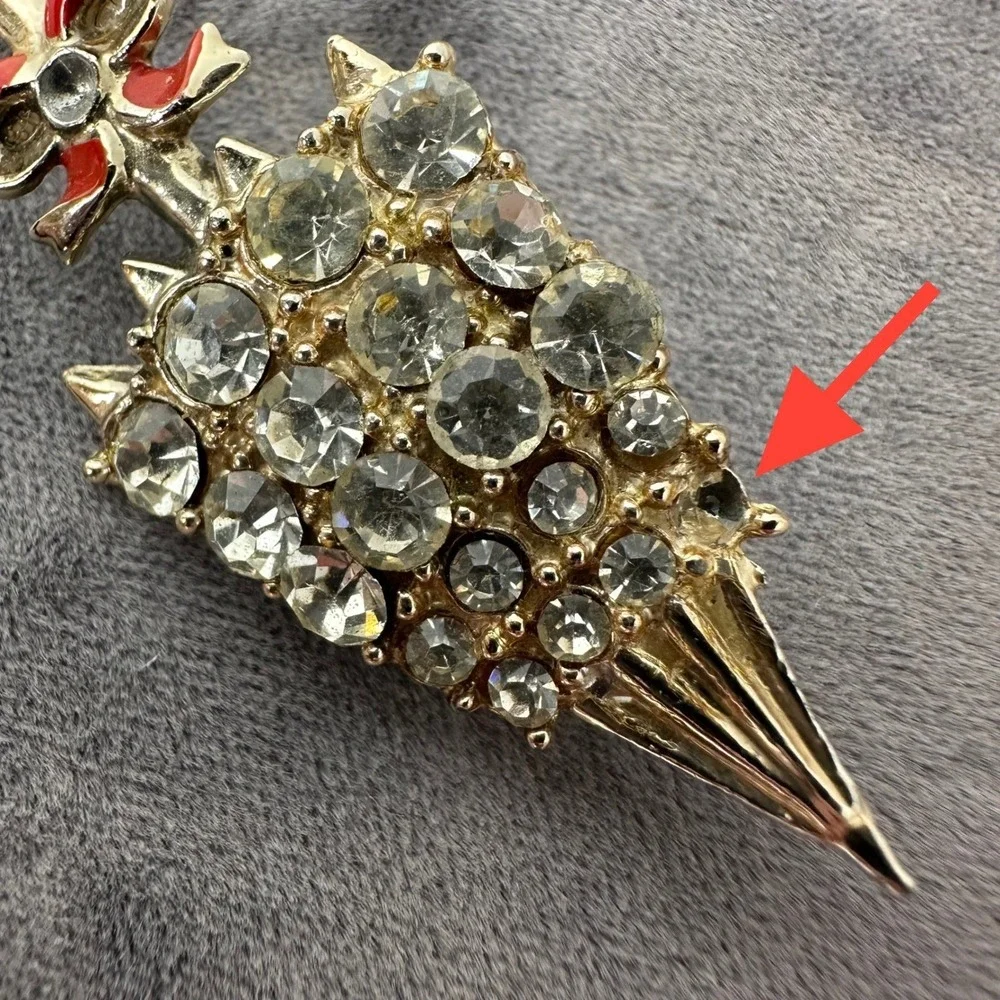Vintage Umbrella Brooch Gold Tone Rhinestone Red Enamel Bow Parasol Pin Spring‎